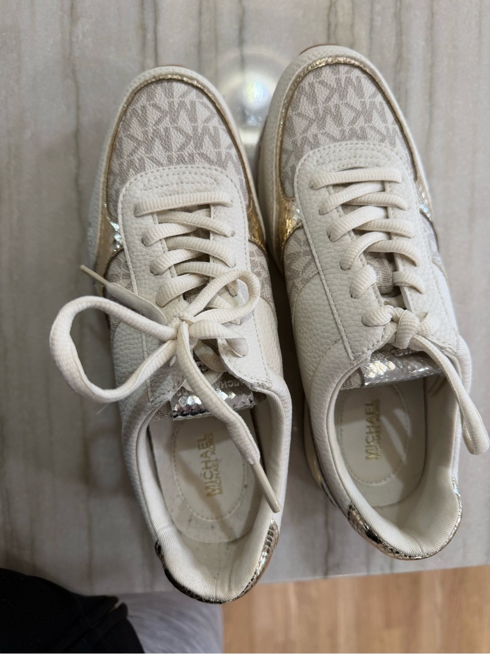 Michael Kors Cream Logo Low-Top Sneakers with Gold Accents